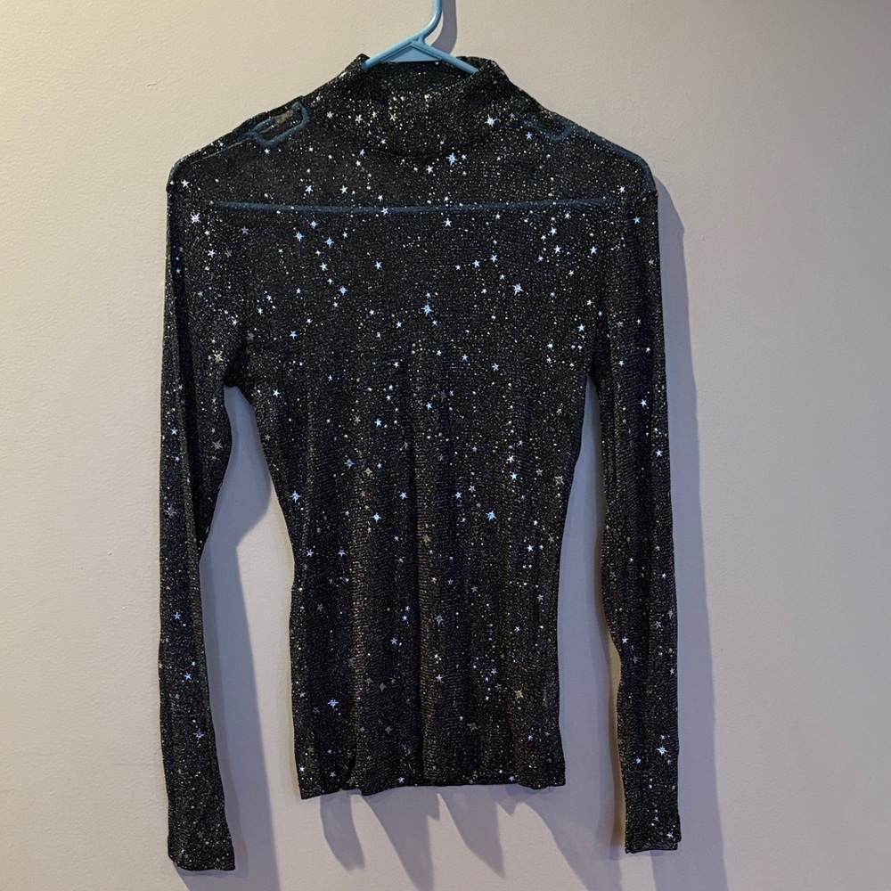 MangoPop Sheer Star Print Mock Neck Top Black Size M